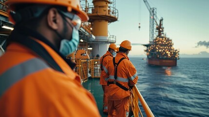 Fototapete - Group of petroleum Engineer working on the exploration of petroleum in the sea. Generative AI.