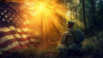 Sticker - American soldiers pay their respects to fallen soldiers in front of the USA flag on Memorial Day or other events.