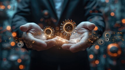 Aufkleber - Businessman hand touching gears made with lights. Generative AI.