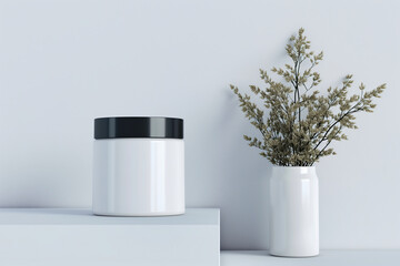 White cosmetic jar without label and a vase with dried flowers on a white table. mock up
