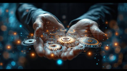Aufkleber - Businessman hand touching gears made with lights. Generative AI.