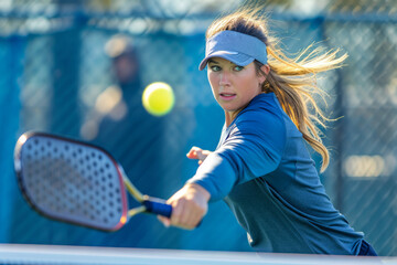 Young woman playing pickleball at the pickleball court