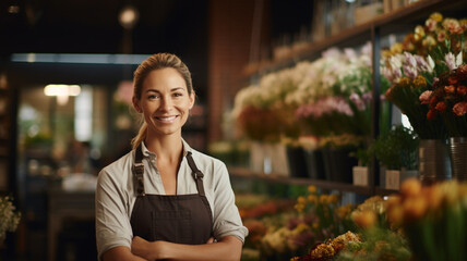 Wall Mural - happy young woman standing in her flower shop