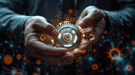 Aufkleber - Businessman hand touching gears made with lights. Generative AI.