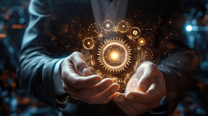 Poster - Businessman hand touching gears made with lights. Generative AI.