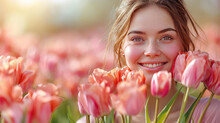  Joyful Woman Amid Vibrant Pink Tulips, Soft-focused Background Suggesting A Vast Tulip Field, Creating A Cheerful, Spring-like Atmosphere. Perfect For Valentines Or Mothers Day