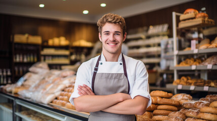 Wall Mural - young baker standing in front of his pastry shop.