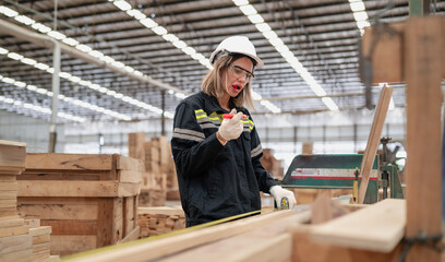 Confident female worker working in hardwood warehouse of wooden furniture factory checking stock. Busy skilled inspector in uniform hardhat examining plank pallet material for production facility.