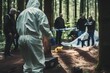 A group of people are conducting a crime scene investigation in the forest