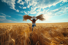 Harvest Celebration: Woman With Sheaf Of Wheat In Golden Field