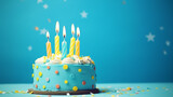 Fototapeta Tęcza - Vibrant Birthday Cake with Blue Frosting and Yellow Candles, Ready for a Joyful Celebration on a Festive Isolated Background with Copy Space for Your Text or Promotions!
