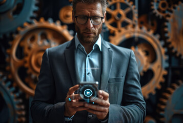 Aufkleber - A business man holding a mobile device with gear gears in the background. Generative AI.