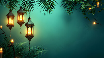 ramadan background with lanterns and palm leaves