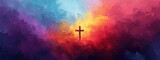 Fototapeta  - Cross of Jesus Christ on a colorful watercolor background. Illustration