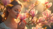 Portrait Of Young Woman With Closed Eyes Smells Magnolia Flowers In Full Blossom, Illustrates Perfection And Softness Of Her Face Skin