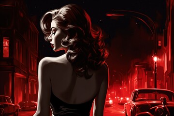 Wall Mural - Portrait of a beautiful fashionable woman with a hairstyle, in a city street, at night, car, road and moon. Illustration poster in the style of 1960