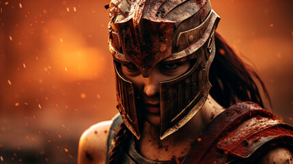 Wall Mural - photo , detailed , focus , ladies spartan close up body , burning background , Generate AI