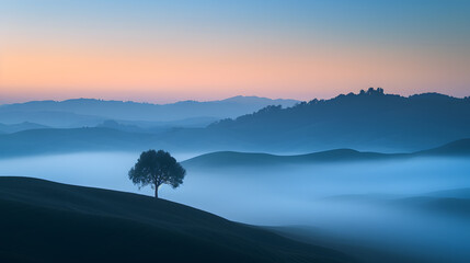 tranquil morning: foggy valleys and silhouetted tree