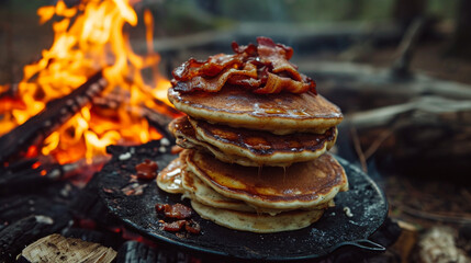 Wall Mural - pancakes with bacon on fire. Picnic