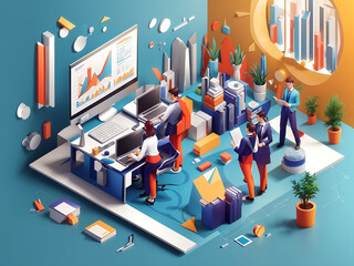 Wall Mural - business and marketing concept in 3d isometric design. people making financial analyses, creating re