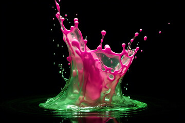 Graphic resources. Close-up view of macro green and purple color mix liquid splash on black background with copy space