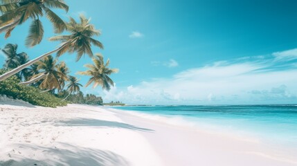 Seascape of white sand on a blurred background of sea, sky and palm trees. Mockup, empty space, nature background.