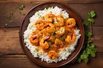 Wall Mural - Top down view of curry and rice with shrimp