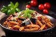© LimeSky - Selective focus and slider format captures traditional Italian dish pasta alla norma with eggplant and ricotta