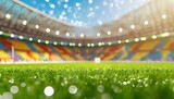 Fototapeta Sport - football arena with grass field and blurred fans at playground view