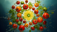 Tomato Pictures In Style Of Kaleidoscope Art On Light Background. Elegant And Mesmerizing Art Of Red Vegetables.