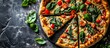 Indulge in a mouthwatering california-style pizza topped with fresh tomatoes and fragrant basil on a rustic black surface, bringing a taste of italy to your plate