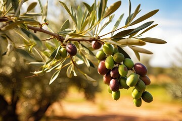 Wall Mural - Selective focus on nature with ripe olives on an olive tree