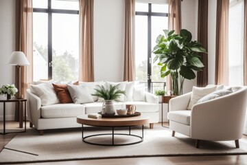 Interior home design of modern living room with sofa, armchair and round table near the window