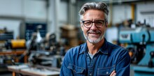 A Skilled Technician In A Denim Shirt And Glasses Works Diligently On A Machine In A Factory Workshop, Showcasing The Marriage Of Engineering And Style In The Human Face