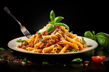 Wall Mural - Italian penne pasta with Bolognese sauce Parmesan cheese basil on a fork in Mediterranean cuisine