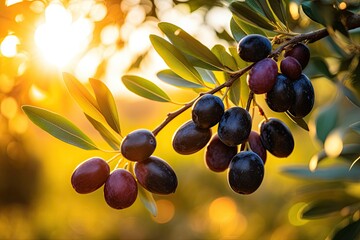 Wall Mural - Close up view of ripe black olives on sunlit branches during olive tree harvest with available space for text