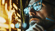 middle-aged financial trader inspecting charts. screen reflected in glasses - trading, stock, finance, investment, market, financial