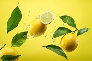 Sticker - High resolution image of lemons levitating in zero gravity with green leaves on yellow background