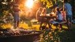 A group of people gathered around a sizzling barbecue, basking in the warmth of the summer sun, dressed in casual clothing and surrounded by towering trees, eagerly anticipating the delicious outdoor