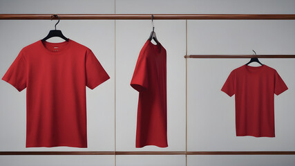 Wall Mural - Red cotton t-shirt, hanging using brown wood colore hanger