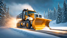 Professional snow removal in winter, a large professional snow blower clears the road of snow and ice,