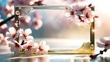 Fototapeta Uliczki - Delicate spring frame of sakura flowers on an elegant background with bokeh, spring sakura banner for design and congratulations,