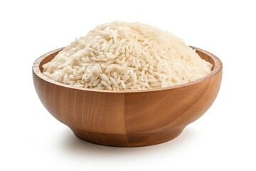 Canvas Print - Raw dehydrated rice in a wooden bowl alone on a white surface