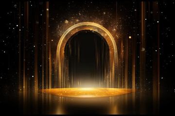 Sticker - empty room at night mockup with copy space for award ceremony, light in the dark, golden confetti ra