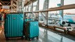 Travel concept with copy space  suitcases in airport with blurred aircraft and big windows