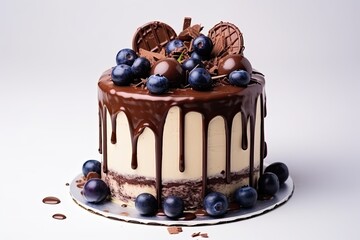 Poster - Chocolate cake decorated with blueberries candies and chocolate drips on a white background