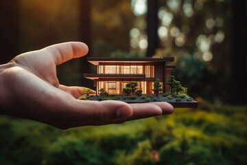 holding a miniature latest modern house with hand., hyper realistic, background grass landscape