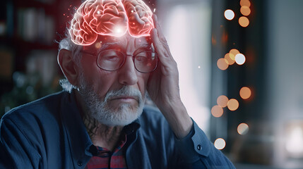 Senior man with headache at home with highlighted brain, stressed depression migraine concept