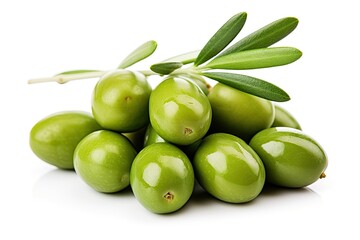 Wall Mural - Green olives ripe with leaves on white background