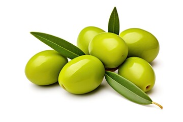 Wall Mural - Delicious green olives with leaves isolated on white background